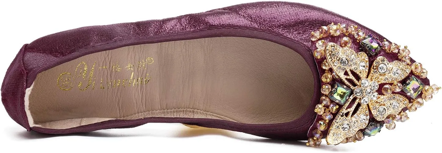 Womens Ballet Flats Foldable Rhinestone Pointed Toe Comfortable Slip on Wedding Flat Shoes Dress Flats for Women