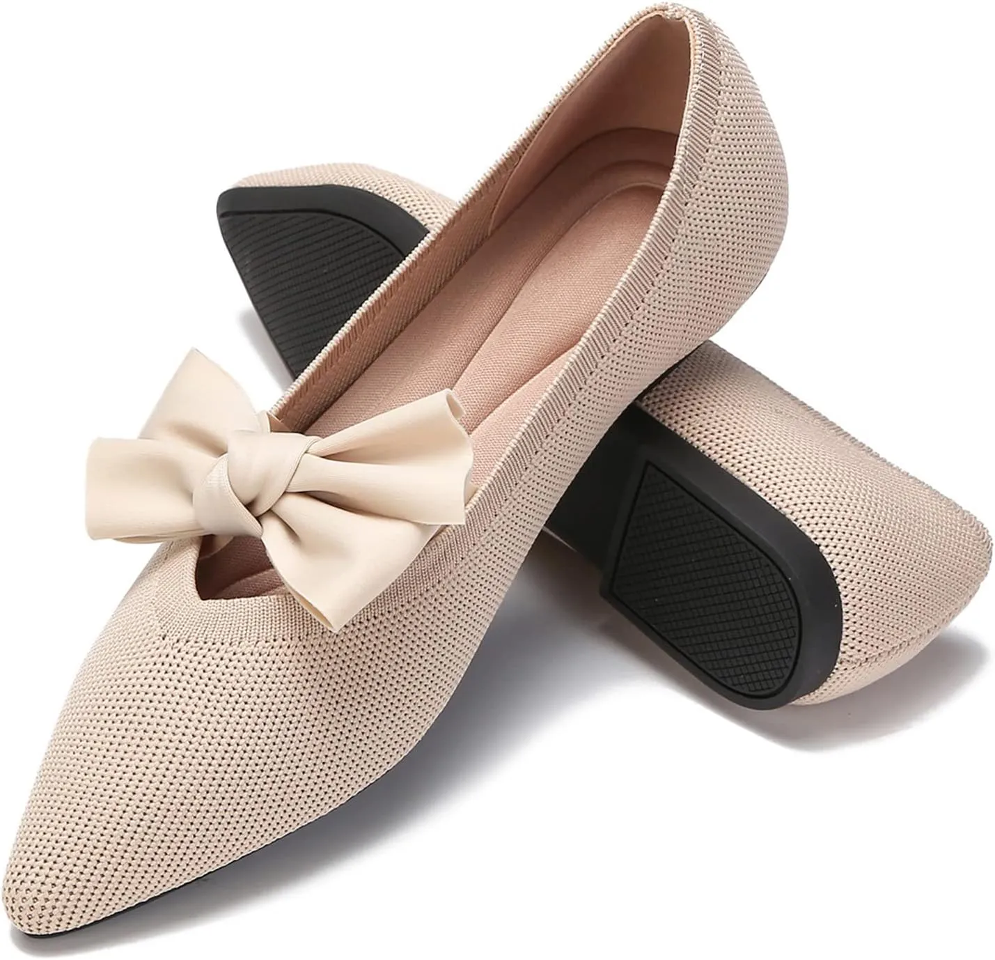 Women's Breathable Mesh Knit Ballet Flats Bow Pointed Toe Comfortable Slip On Shoes