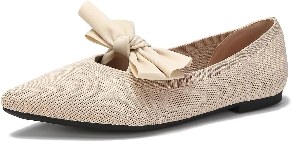 Women's Breathable Mesh Knit Ballet Flats Bow Pointed Toe Comfortable Slip On Shoes