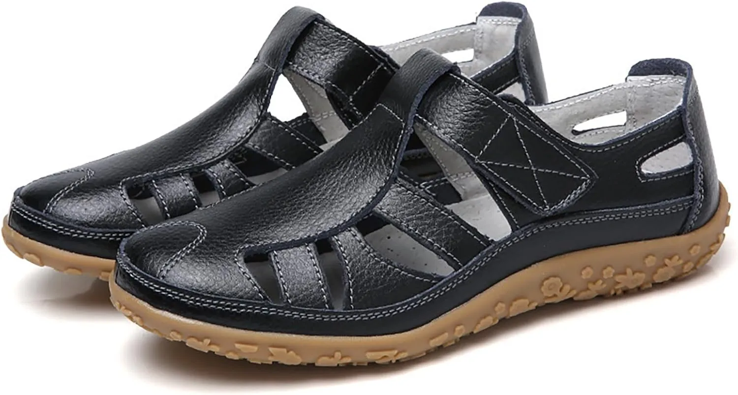 Women's Casual Boho Sandals Summer Leather Comfort Closed Toe Ankle Strap Beach Shoes Soft Sole Orthopedic Sandals
