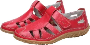 Women's Casual Boho Sandals Summer Leather Comfort Closed Toe Ankle Strap Beach Shoes Soft Sole Orthopedic Sandals