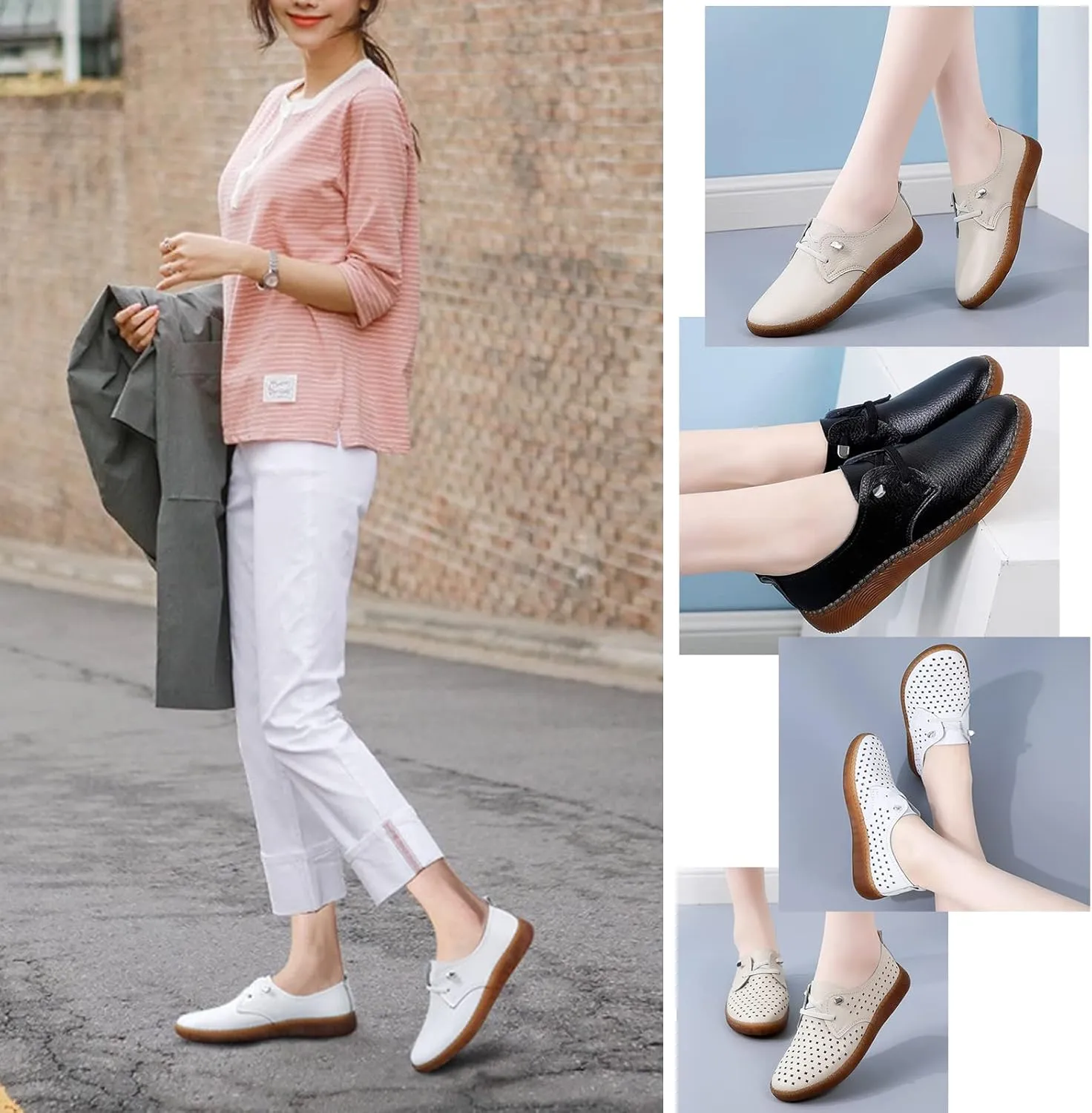 Women's Casual Slip On Flat Heel Soft Sole Loafers,Comfortable Leather Outdoor Walking Flats Breathable Fashion Sneakers