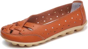 Women's Cowhide Leather Shoes Loafers Flats Sandals Slip-On Cutout