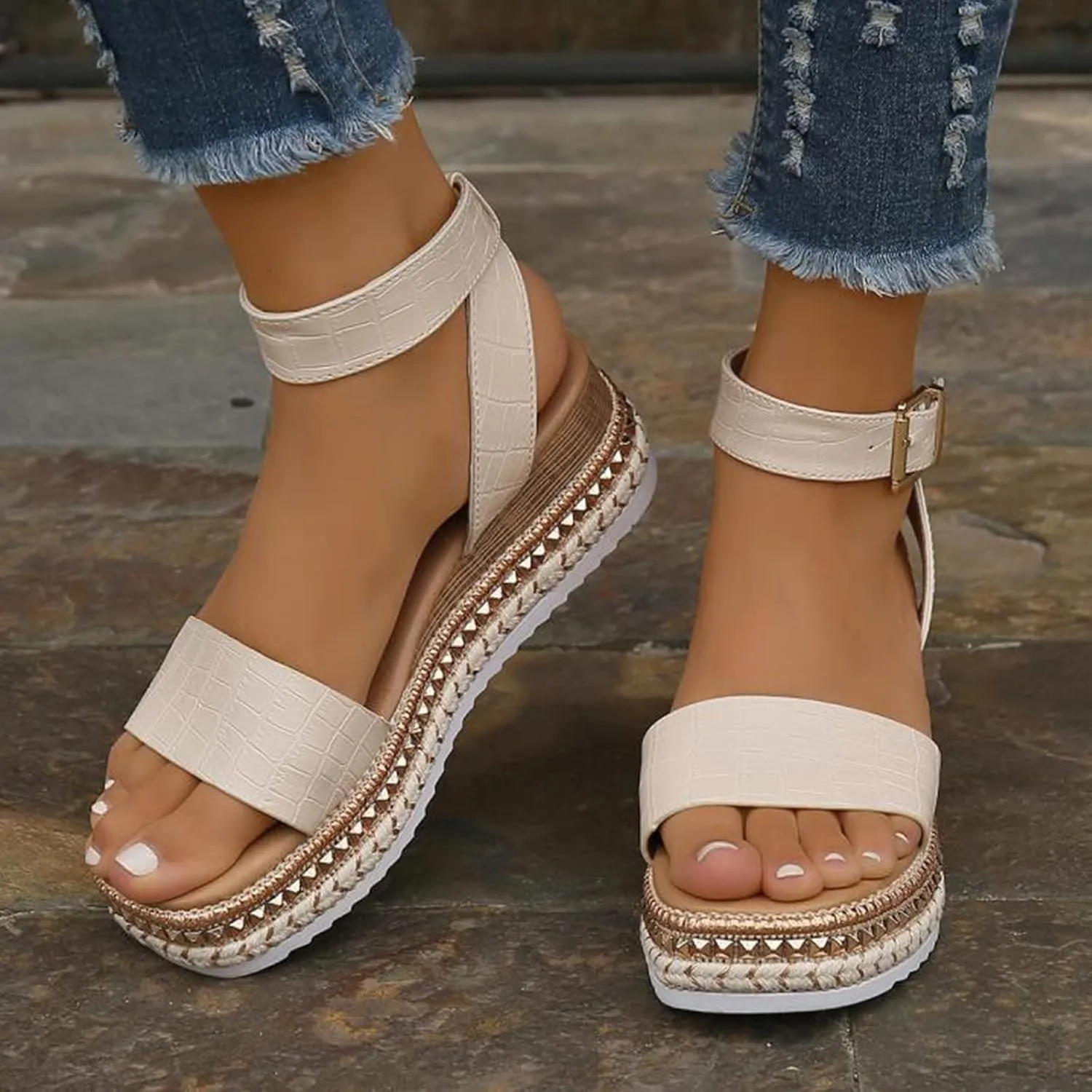 Women's Espadrilles Flatform Sandals Topic Open Toe Buckles Ankle Strap Studded Summer Lightweight Comfy Casual Wedges