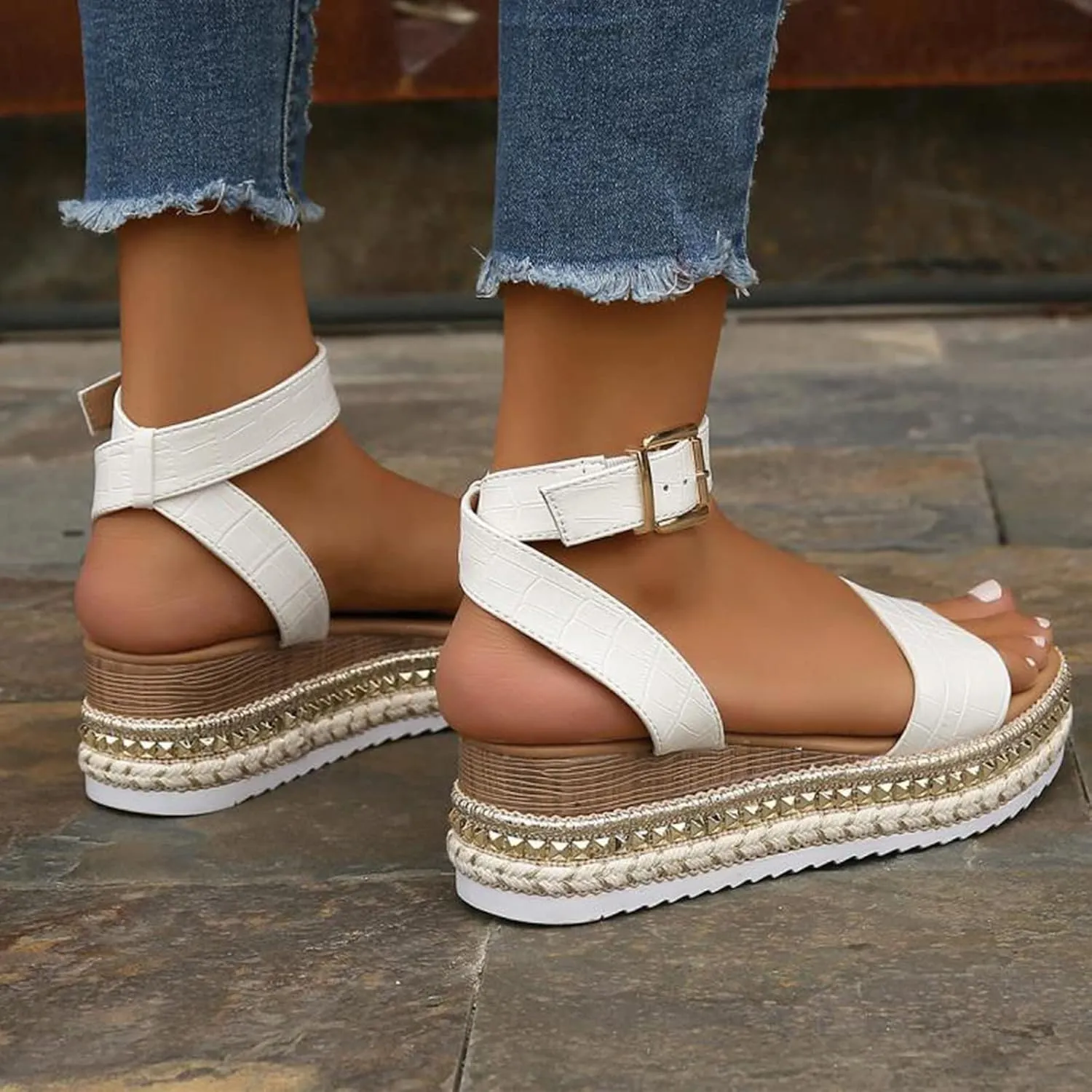Women's Espadrilles Flatform Sandals Topic Open Toe Buckles Ankle Strap Studded Summer Lightweight Comfy Casual Wedges