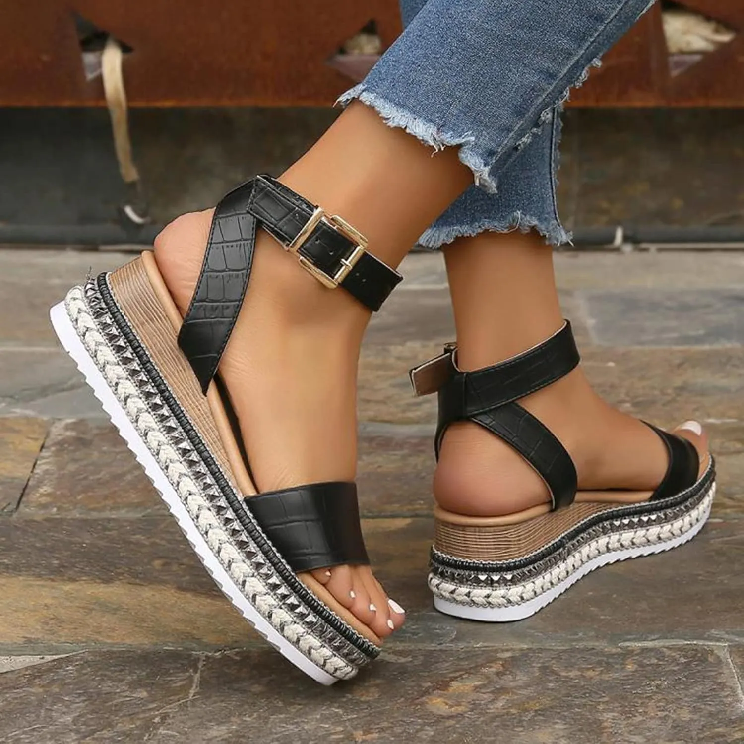 Women's Espadrilles Flatform Sandals Topic Open Toe Buckles Ankle Strap Studded Summer Lightweight Comfy Casual Wedges