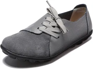 Women's Fashion Casual Leather Soft Sole Lace Up Loafers Shoes Comfortable Low Top Non-Slip Flat Walking Shoes