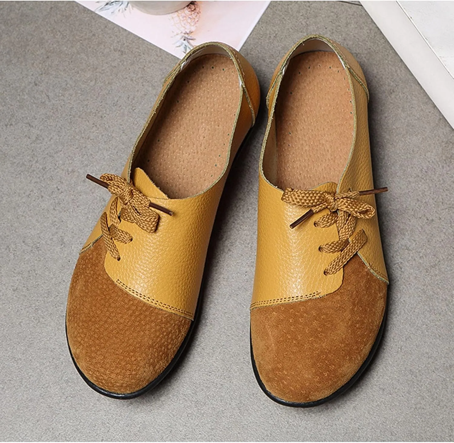 Women's Fashion Casual Leather Soft Sole Lace Up Loafers Shoes Comfortable Low Top Non-Slip Flat Walking Shoes