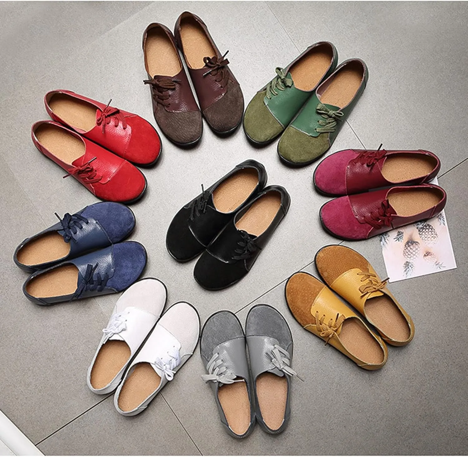 Women's Fashion Casual Leather Soft Sole Lace Up Loafers Shoes Comfortable Low Top Non-Slip Flat Walking Shoes