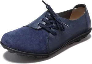 Women's Fashion Casual Leather Soft Sole Lace Up Loafers Shoes Comfortable Low Top Non-Slip Flat Walking Shoes