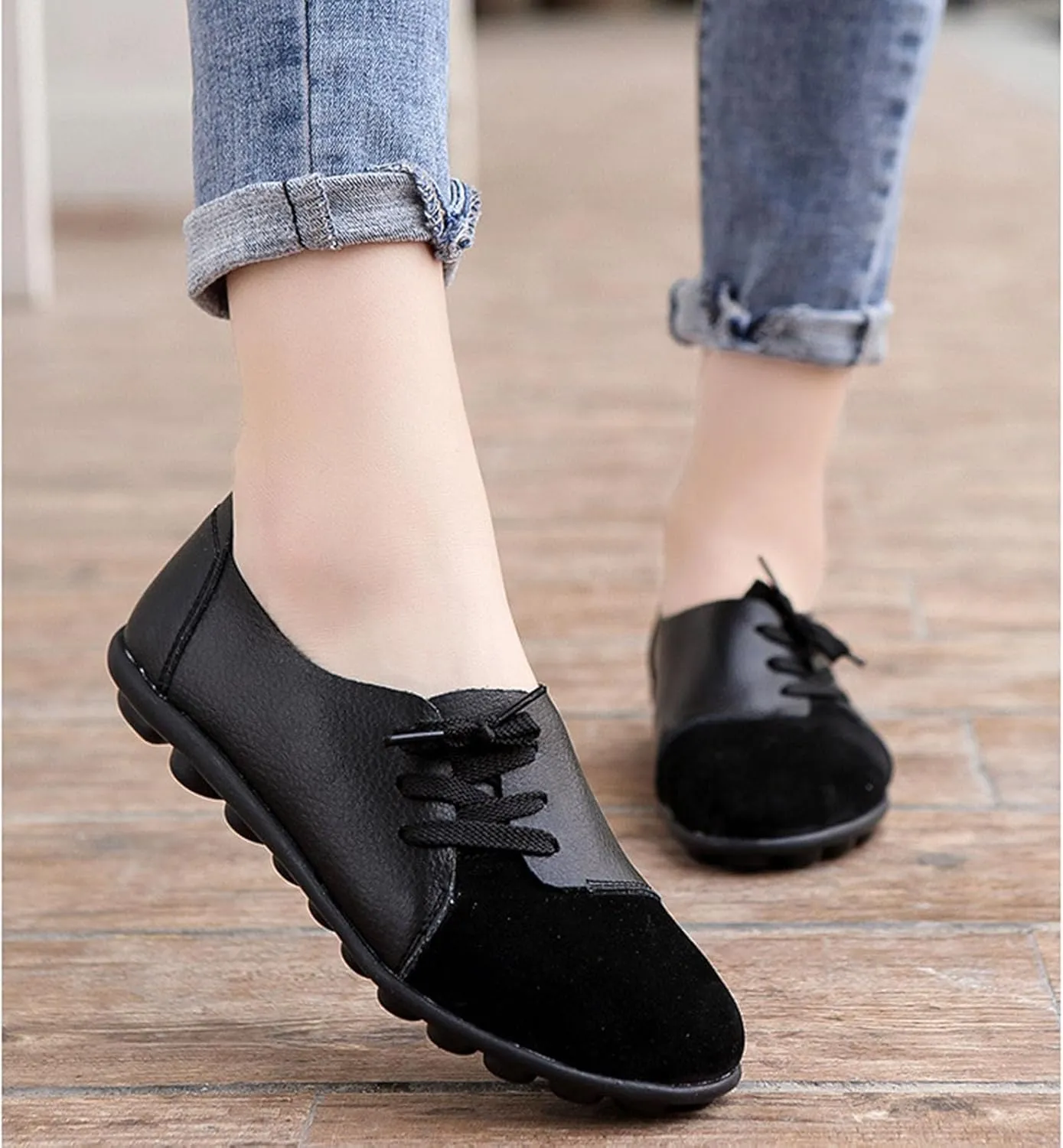 Women's Fashion Casual Leather Soft Sole Lace Up Loafers Shoes Comfortable Low Top Non-Slip Flat Walking Shoes