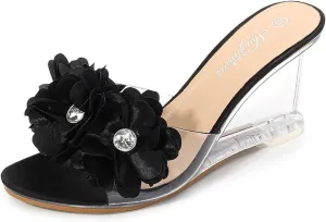 Women's Fashion Crystal Clear Wedge Sandals Round Toe Sexy Open Toe Slip-On 3D Flower Lightweight Dress Slides Sandal