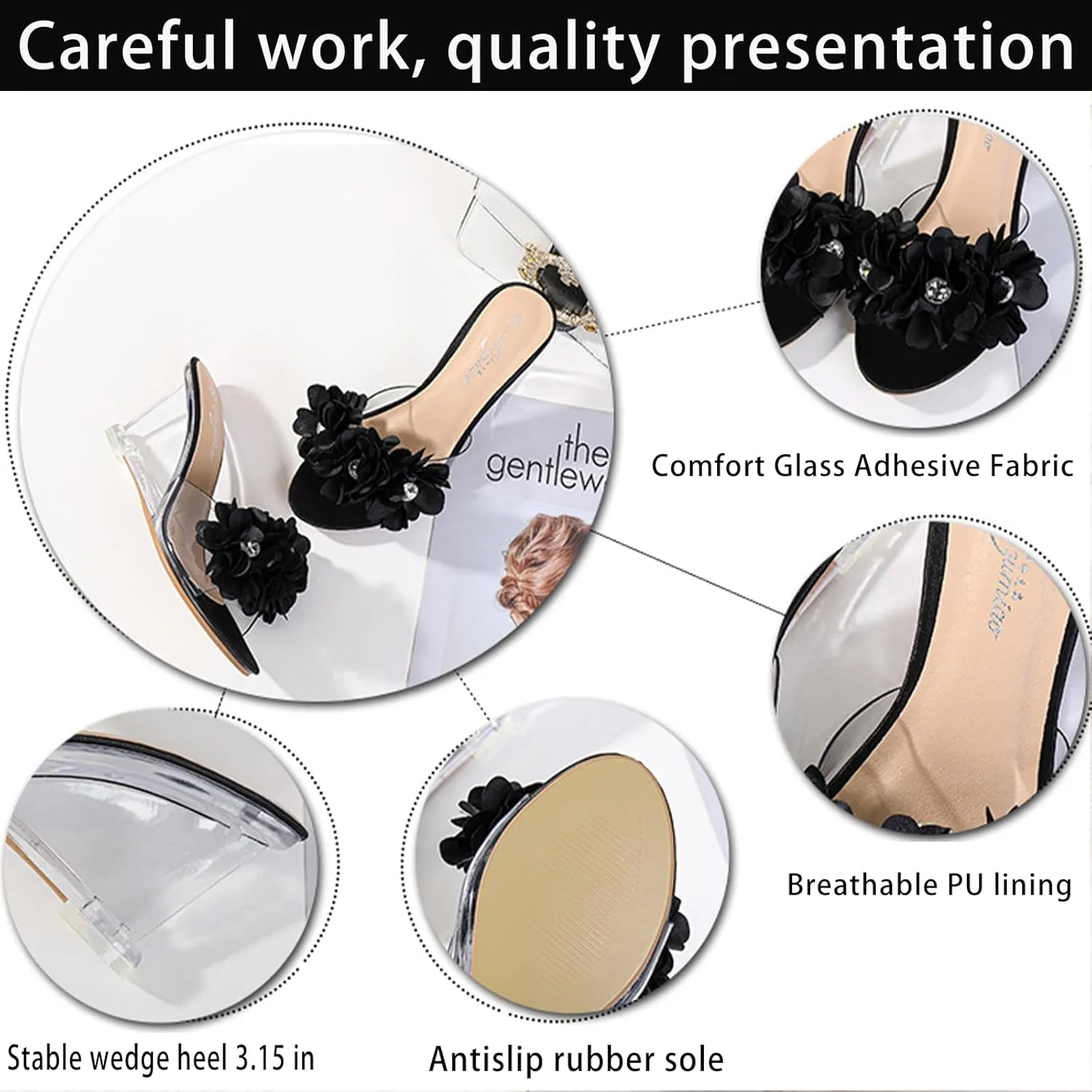 Women's Fashion Crystal Clear Wedge Sandals Round Toe Sexy Open Toe Slip-On 3D Flower Lightweight Dress Slides Sandal