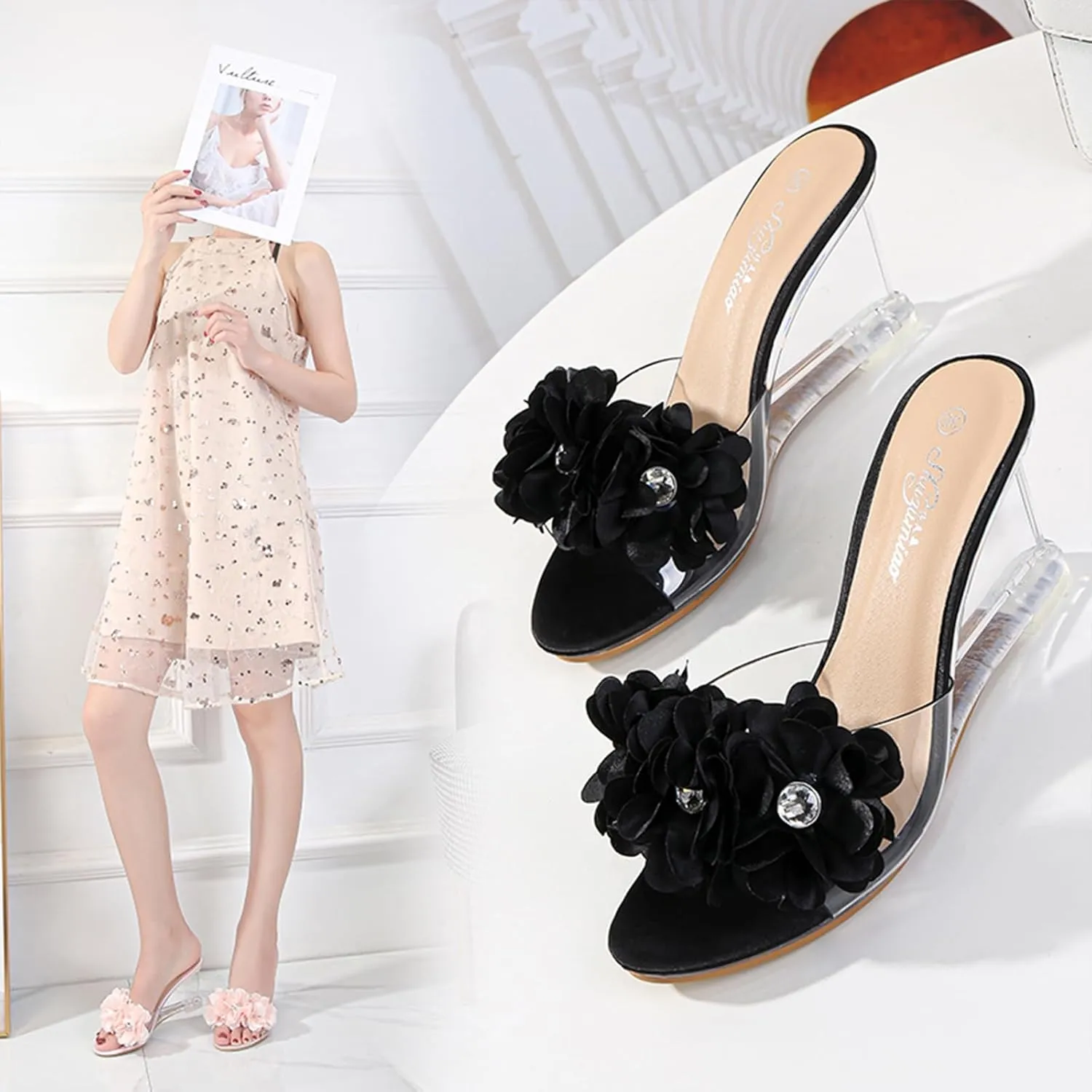 Women's Fashion Crystal Clear Wedge Sandals Round Toe Sexy Open Toe Slip-On 3D Flower Lightweight Dress Slides Sandal