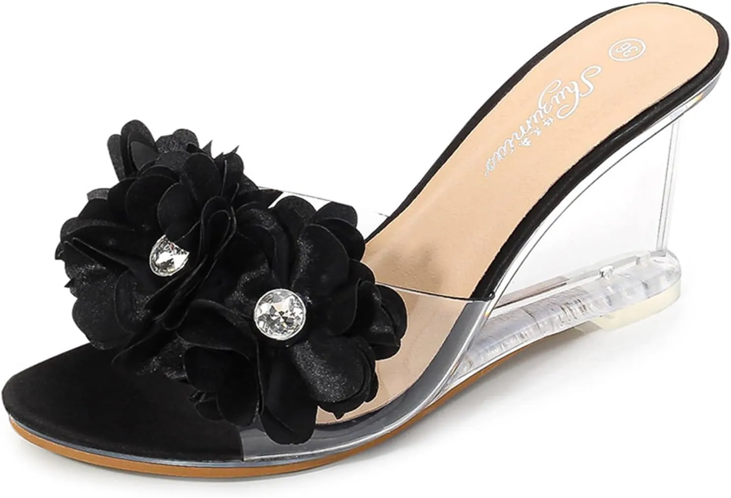 Women's Fashion Crystal Clear Wedge Sandals Round Toe Sexy Open Toe Slip-On 3D Flower Lightweight Dress Slides Sandal