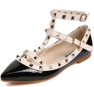 Womens Fashion Stud Flat Shoes Pointed Closed Toe Low Heels Color Block Studded T-Strap Casual Shoes Ankle Strap Buckle Classic Work Flats Office Shoes