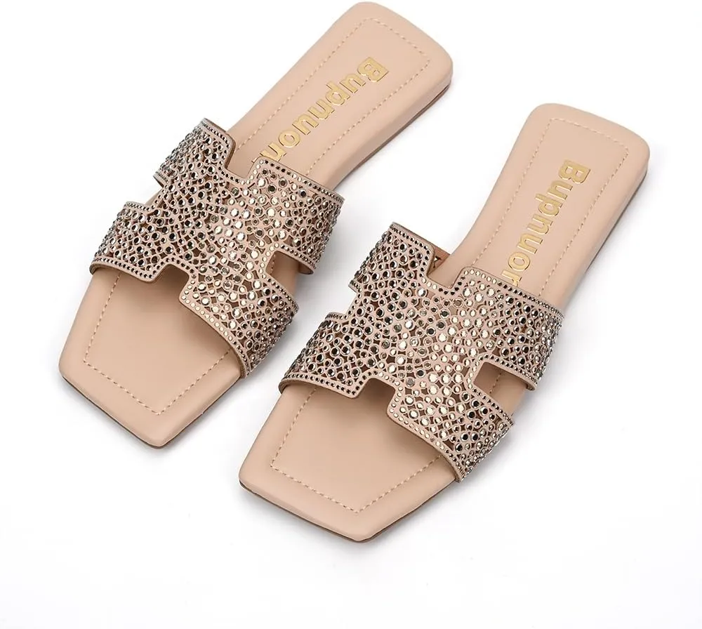 Women's Flat Sandals Slippers with rhinestones,Black Sparkly Sandals Offering Exquisite and Eye-Catching,Women's Dressy and Comfortable Slides, Bling Bling Beach Flat Sandals.