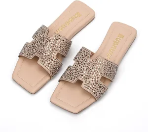 Women's Flat Sandals Slippers with rhinestones,Black Sparkly Sandals Offering Exquisite and Eye-Catching,Women's Dressy and Comfortable Slides, Bling Bling Beach Flat Sandals.