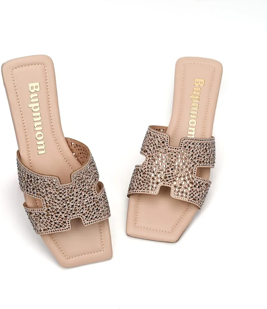 Women's Flat Sandals Slippers with rhinestones,Black Sparkly Sandals Offering Exquisite and Eye-Catching,Women's Dressy and Comfortable Slides, Bling Bling Beach Flat Sandals.