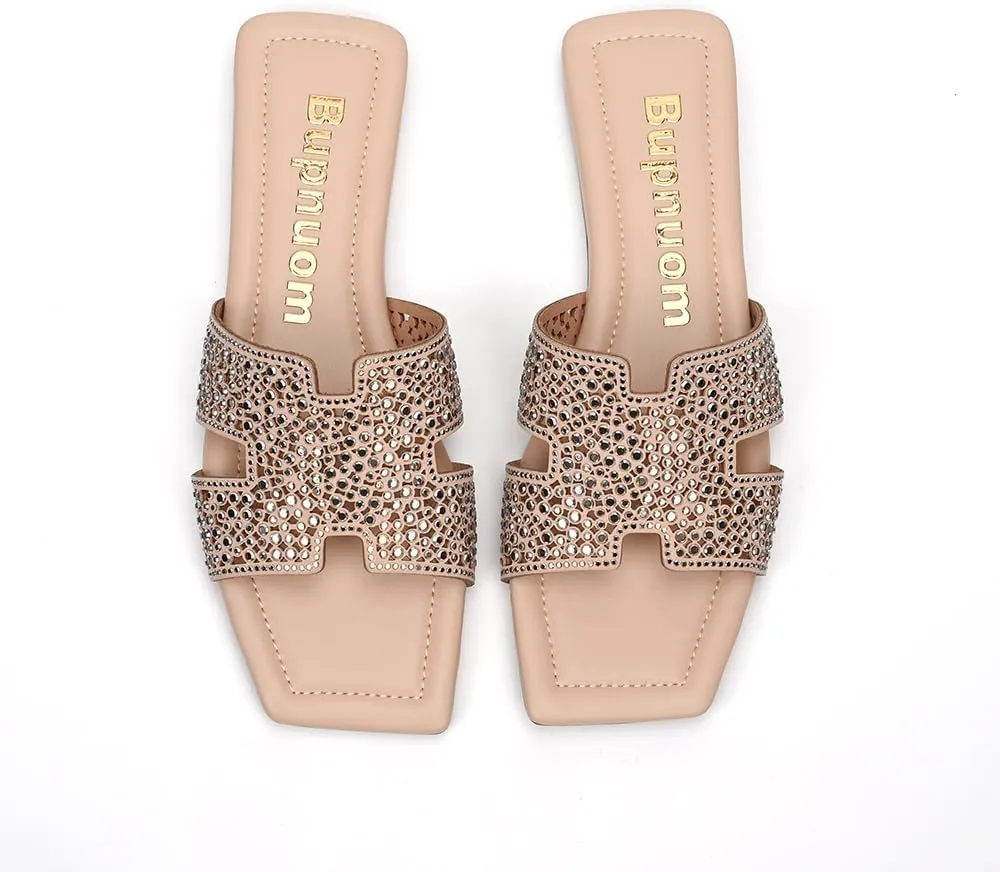 Women's Flat Sandals Slippers with rhinestones,Black Sparkly Sandals Offering Exquisite and Eye-Catching,Women's Dressy and Comfortable Slides, Bling Bling Beach Flat Sandals.