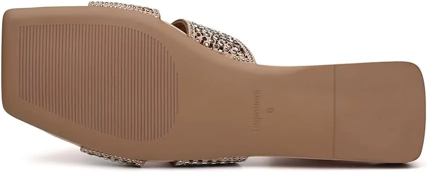 Women's Flat Sandals Slippers with rhinestones,Black Sparkly Sandals Offering Exquisite and Eye-Catching,Women's Dressy and Comfortable Slides, Bling Bling Beach Flat Sandals.