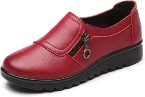 Women's Flat Shoes with Zipper Decoration PU Leather Loafers Soft Sole Round Head Drive