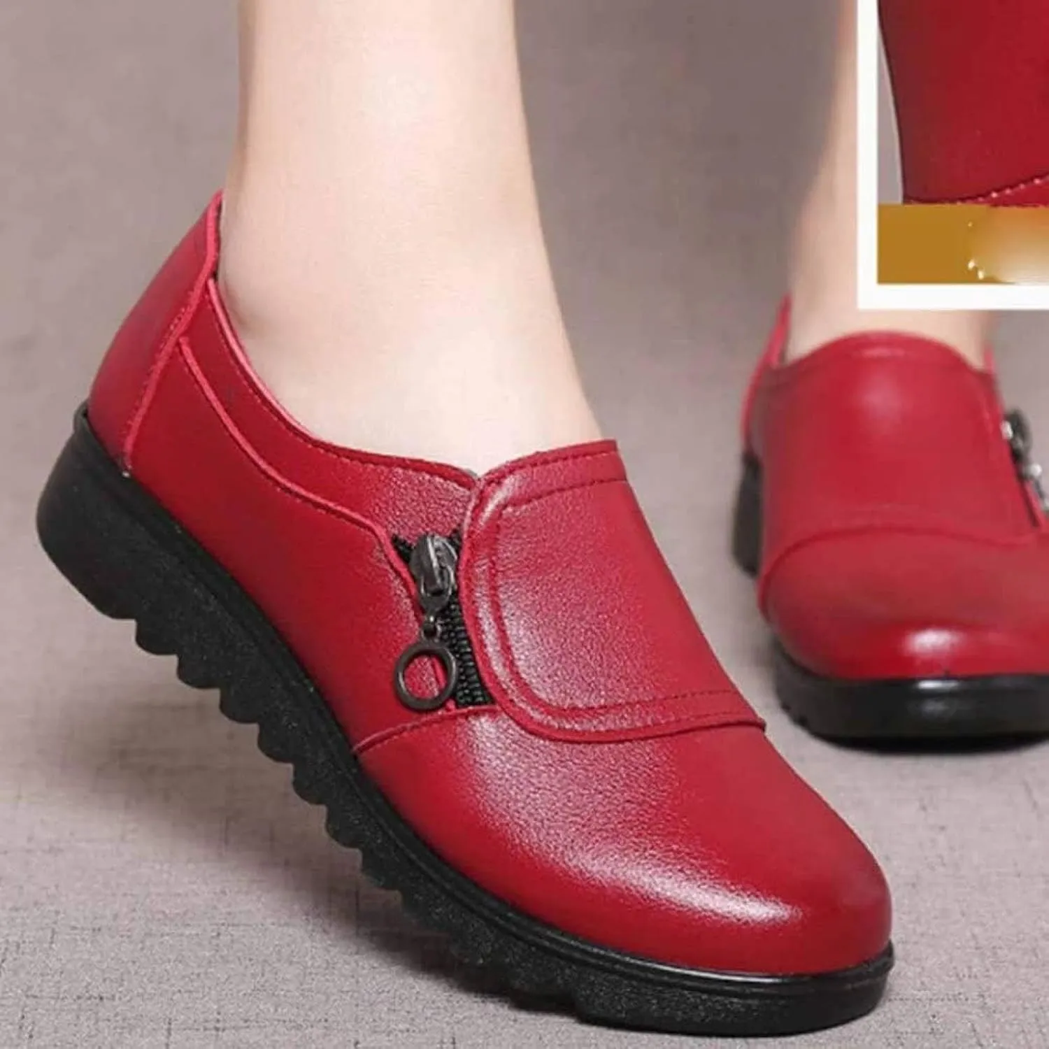 Women's Flat Shoes with Zipper Decoration PU Leather Loafers Soft Sole Round Head Drive