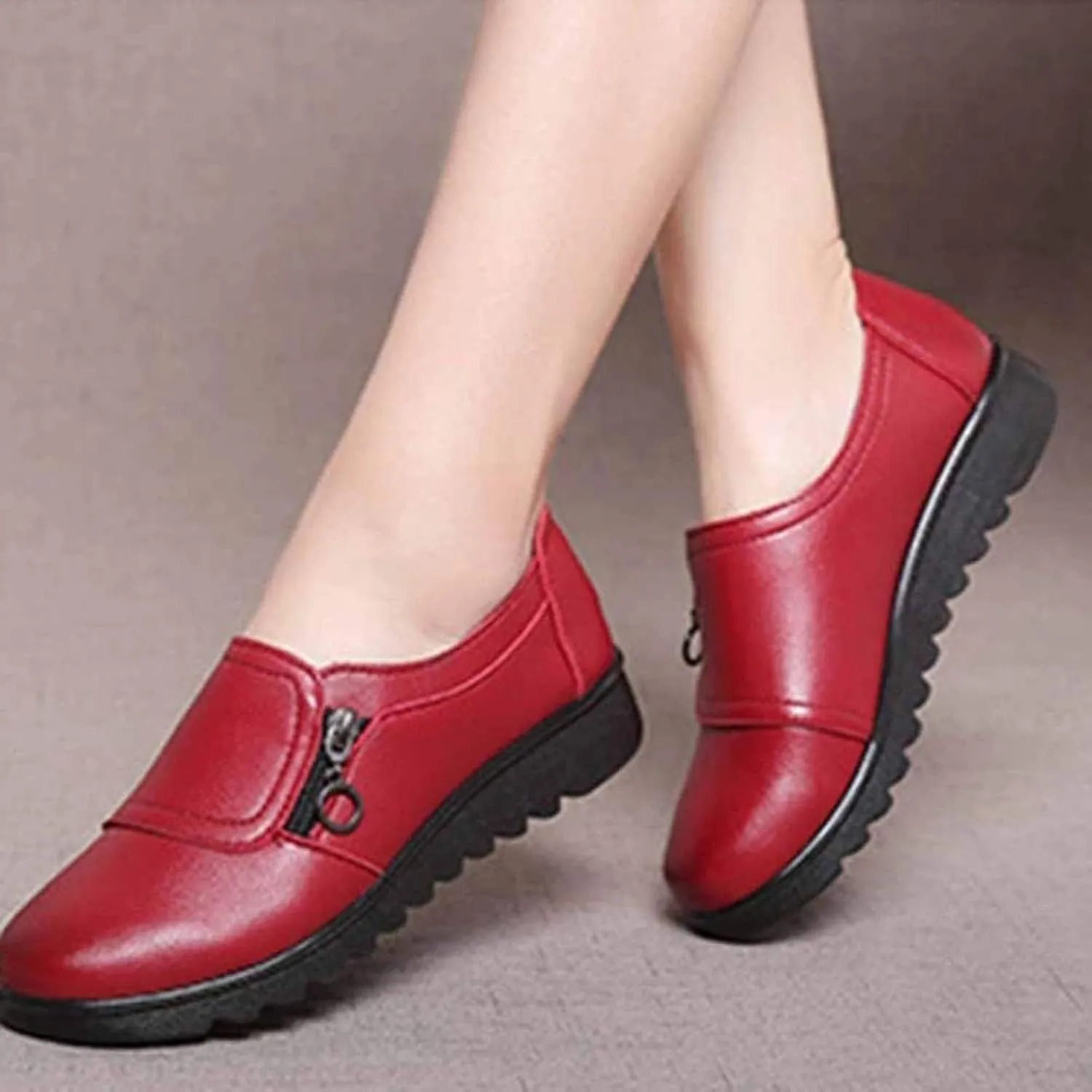Women's Flat Shoes with Zipper Decoration PU Leather Loafers Soft Sole Round Head Drive