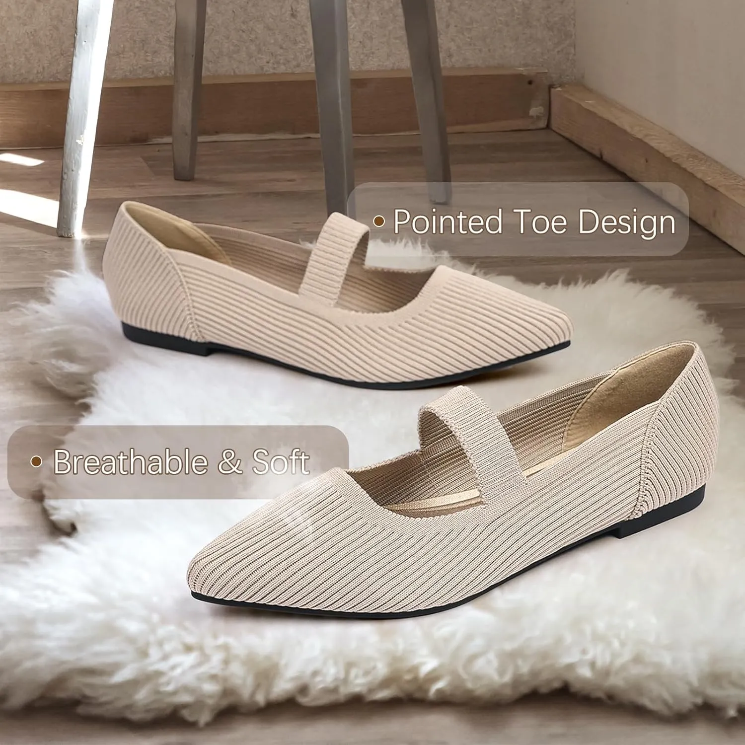 Women's Flats Shoes Pointed Toe Knit Washable Ballet Comfortable Dressy Mary Jane Flat