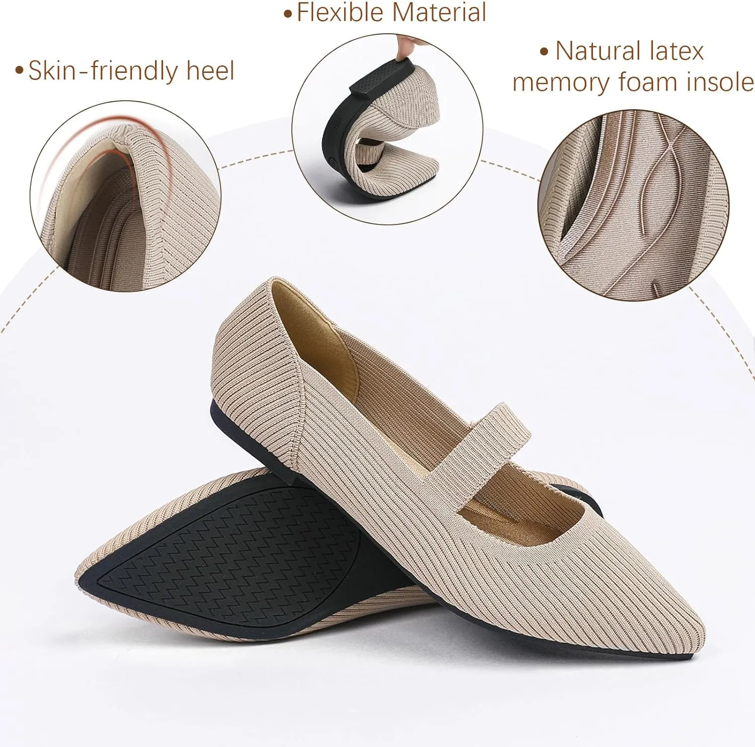 Women's Flats Shoes Pointed Toe Knit Washable Ballet Comfortable Dressy Mary Jane Flat