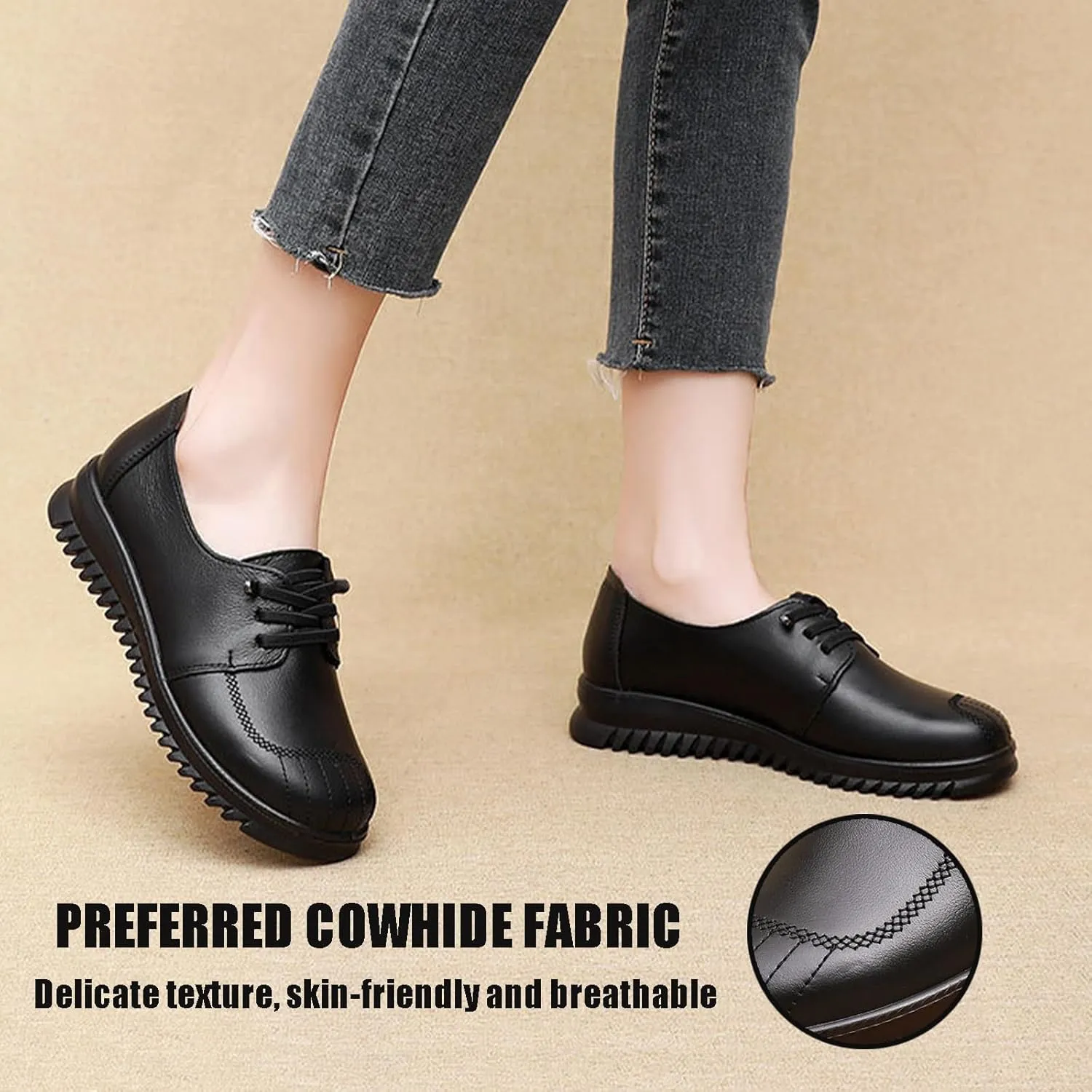 Women's Genuine Leather Lace-Up Flat Oxfords Comfortable Round Toe Soft Sole Driving Business Dress Shoes Breathable Non Slip Nurse Walking Casual Shoes