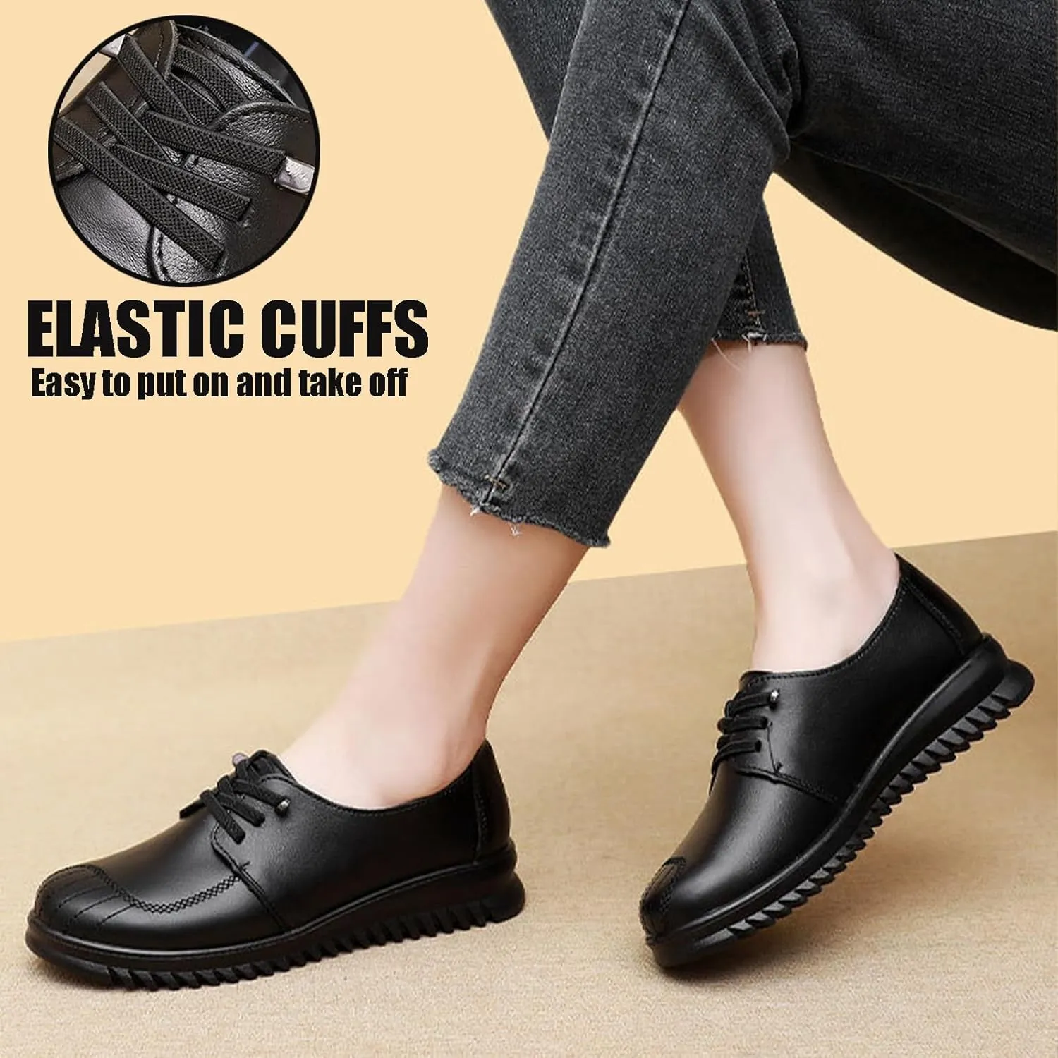 Women's Genuine Leather Lace-Up Flat Oxfords Comfortable Round Toe Soft Sole Driving Business Dress Shoes Breathable Non Slip Nurse Walking Casual Shoes