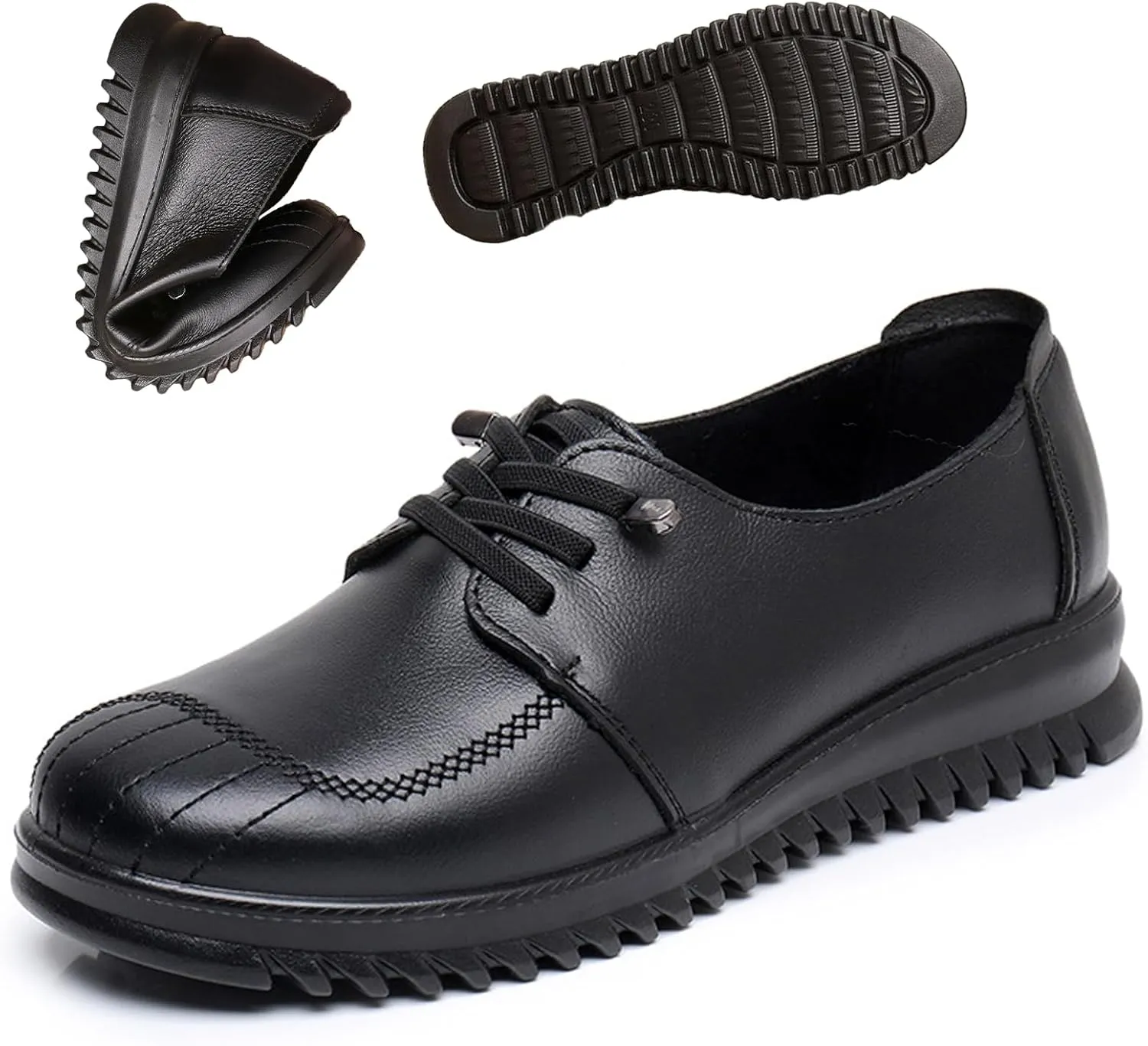 Women's Genuine Leather Lace-Up Flat Oxfords Comfortable Round Toe Soft Sole Driving Business Dress Shoes Breathable Non Slip Nurse Walking Casual Shoes