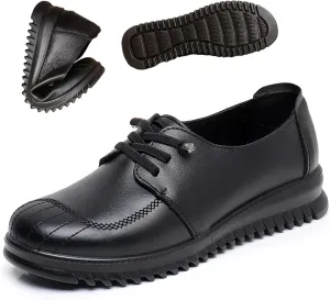 Women's Genuine Leather Lace-Up Flat Oxfords Comfortable Round Toe Soft Sole Driving Business Dress Shoes Breathable Non Slip Nurse Walking Casual Shoes