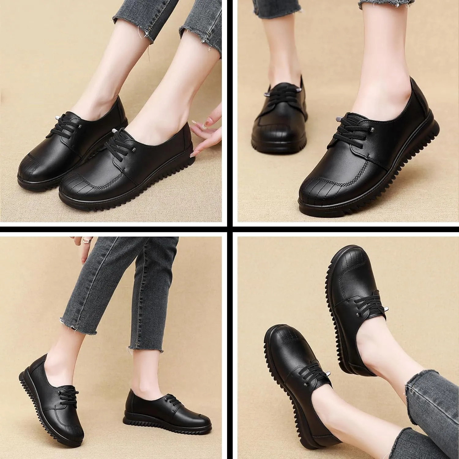 Women's Genuine Leather Lace-Up Flat Oxfords Comfortable Round Toe Soft Sole Driving Business Dress Shoes Breathable Non Slip Nurse Walking Casual Shoes