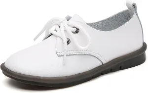 Women's Genuine Leather Lace-Up Soft Sole Flat Fashion Round Toe Handmade Lightweight Slip-On Flat Walking Shoes for Office Work