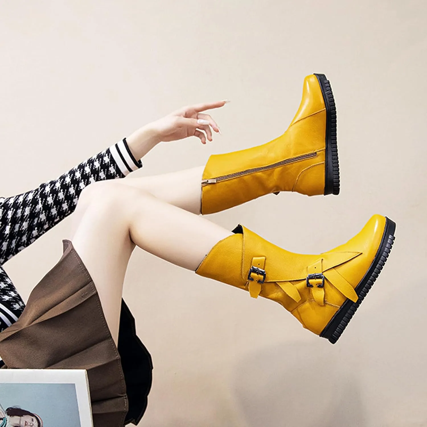 Women's Genuine Leather Side Zipper Flat Mid-Calf Boot Comfort Soft Sole Wide Round Toe Fur Lined Warm Winter Boots Fashion Double Belt Buckle Decoration Non-Slip Lug Flat Boots (Yellow,10,10)