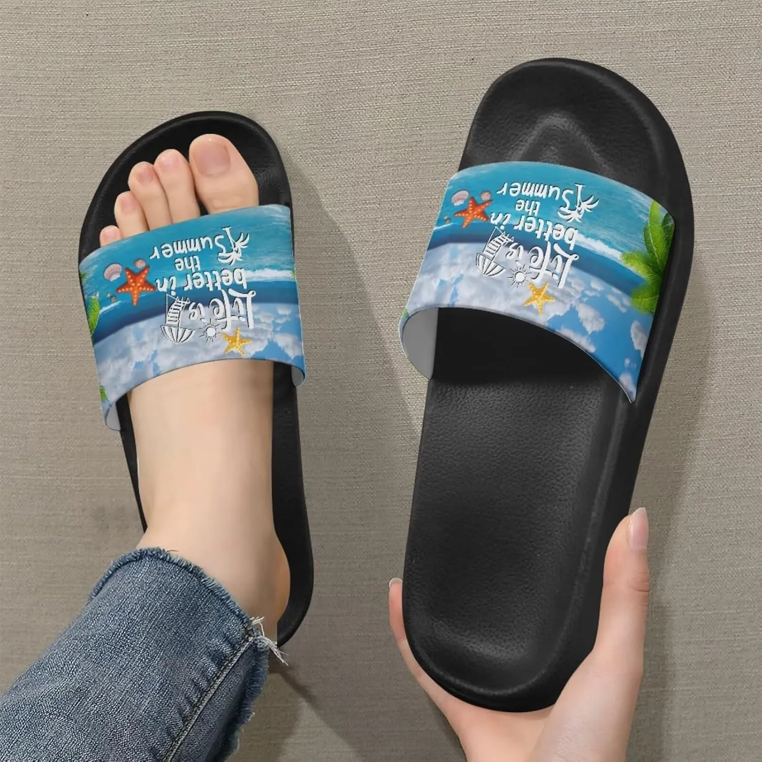 Women's Hawaii Style Slide Sandals Soft Sole Open Toe EVA Flat Sandals Beach Shower Slippers