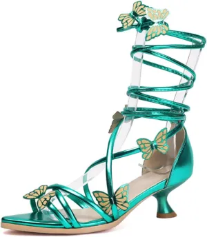 Women's Kitten Low Chunky Heels Bow Lace Up Mules Sandals Fashion Butterfly Wrap Strap Pointed Open Toe Dress Wedding Prom Party Pumps Shoes