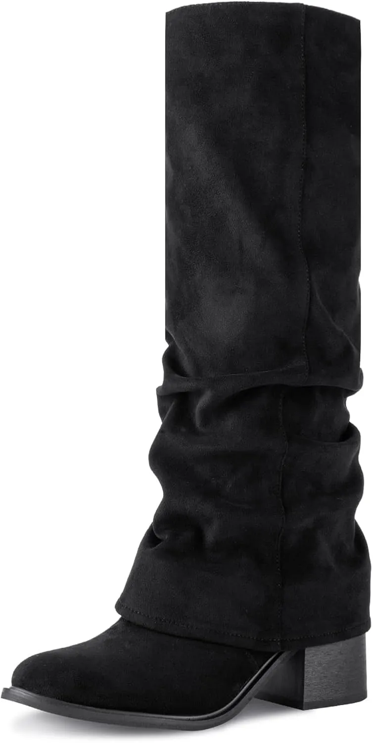 Women's Knee High Boots Fold Over Boots Slouchy Chunky Heel Boots Round Toe Pull On with Side Zipper