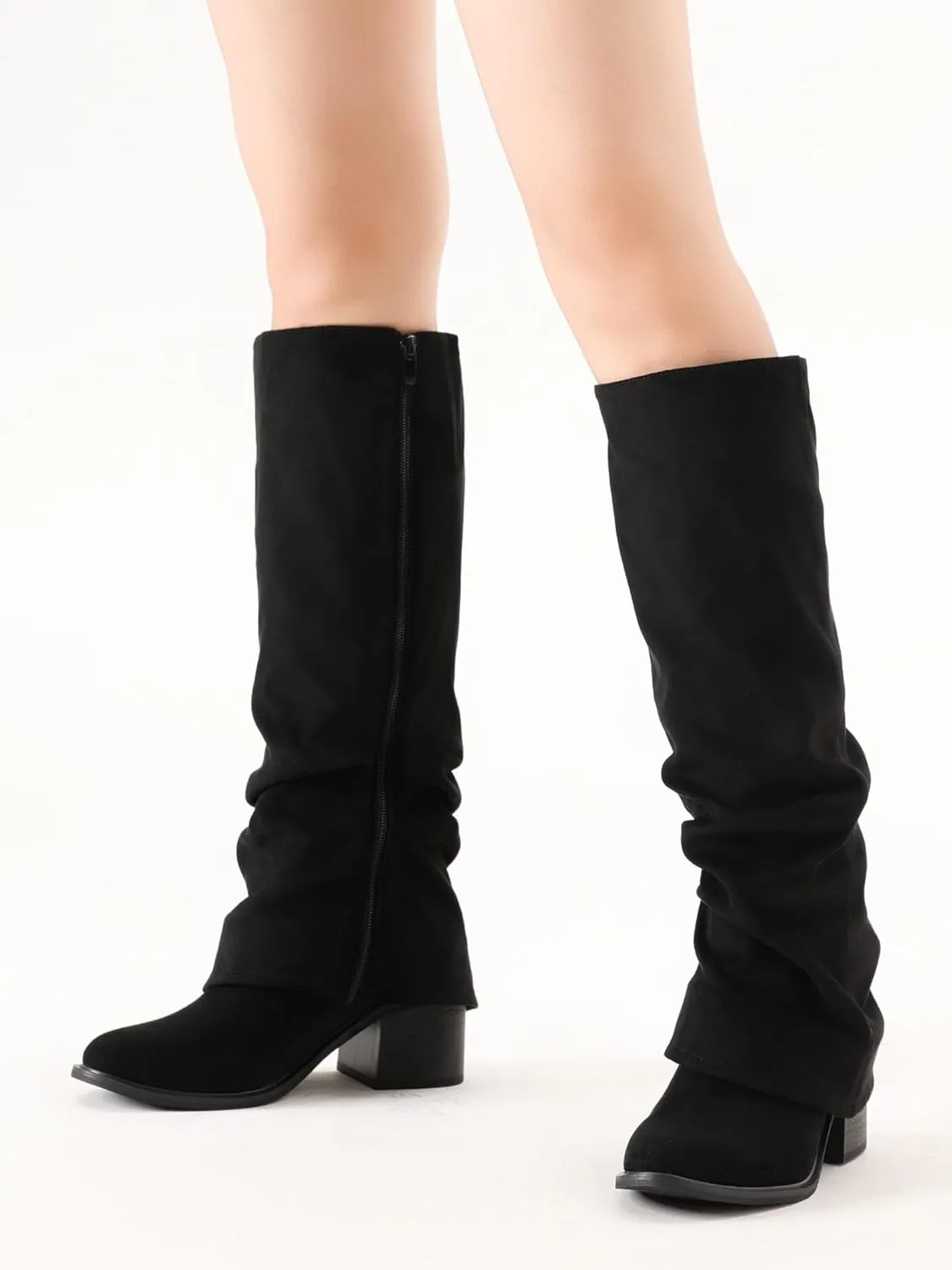 Women's Knee High Boots Fold Over Boots Slouchy Chunky Heel Boots Round Toe Pull On with Side Zipper