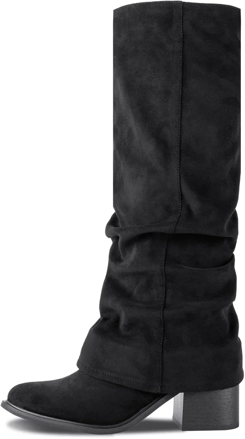 Women's Knee High Boots Fold Over Boots Slouchy Chunky Heel Boots Round Toe Pull On with Side Zipper