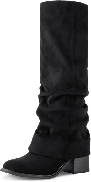 Women's Knee High Boots Fold Over Boots Slouchy Chunky Heel Boots Round Toe Pull On with Side Zipper
