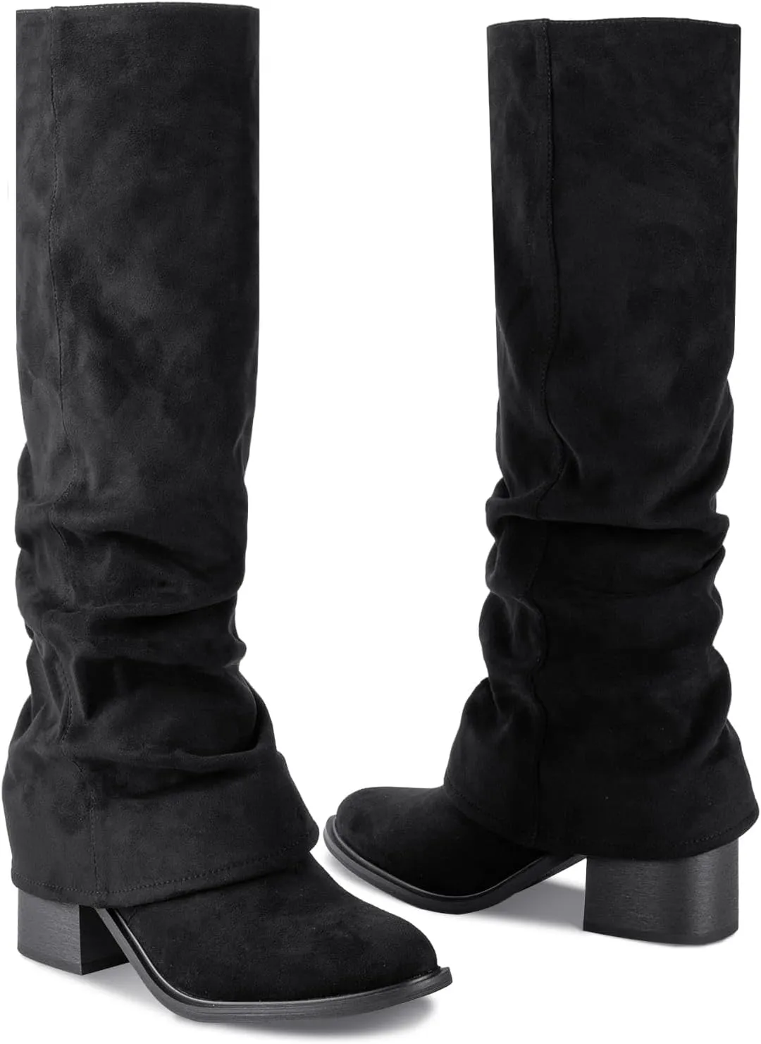 Women's Knee High Boots Fold Over Boots Slouchy Chunky Heel Boots Round Toe Pull On with Side Zipper