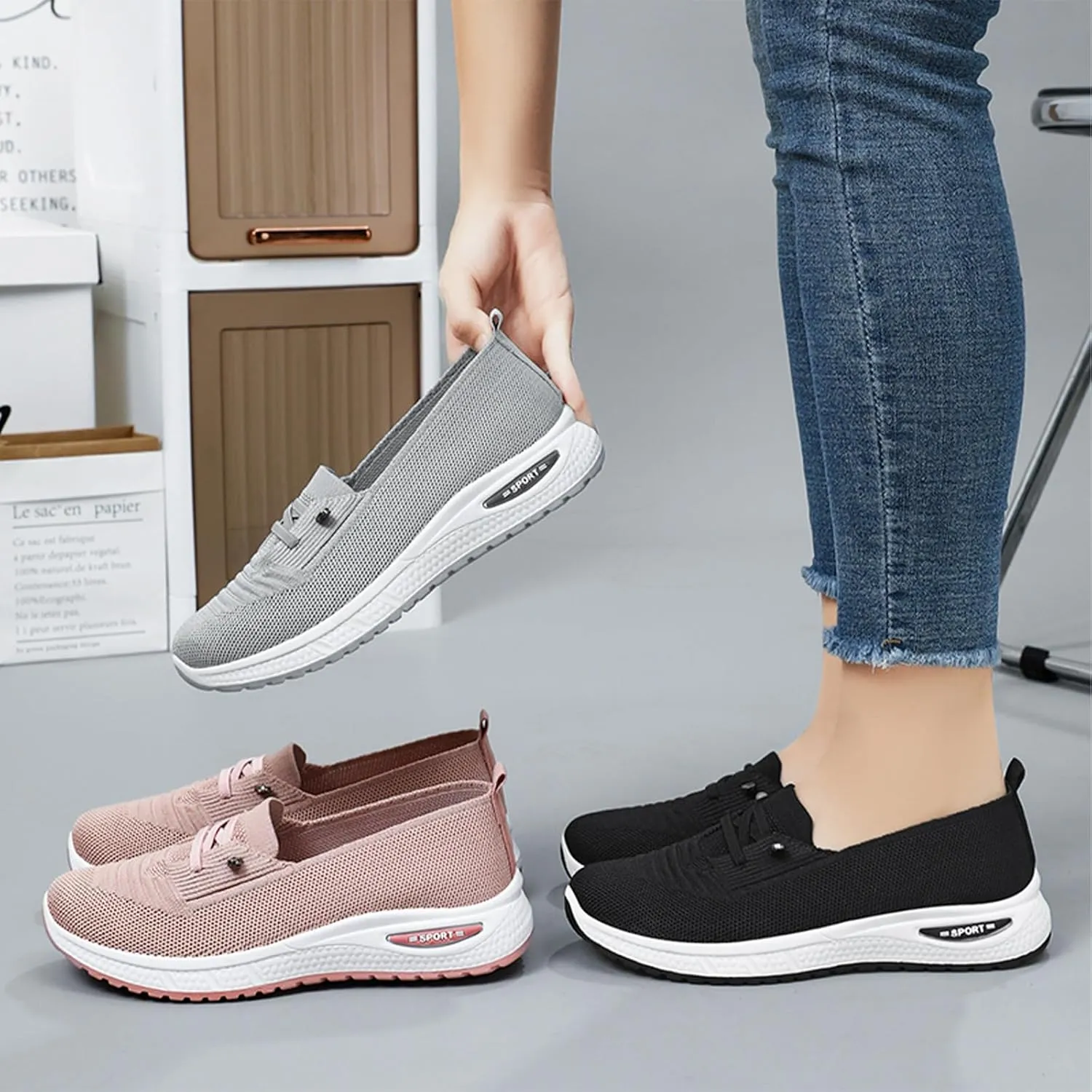 Women's Knitted Mesh Slip On Loafers Lightweight Breathable Orthopedic Soft Sole Flat Sneakers Casual Non-Slip Driving Walking Shoes