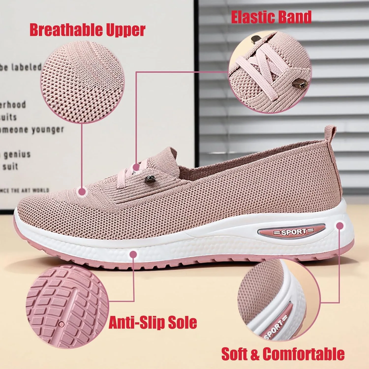 Women's Knitted Mesh Slip On Loafers Lightweight Breathable Orthopedic Soft Sole Flat Sneakers Casual Non-Slip Driving Walking Shoes
