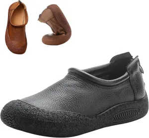 Women's Leather Arch Support Casual Shoes,Vintage Comfort Round Toe Non-Slip Soft Sole Back Zipper Orthopedic Loafers