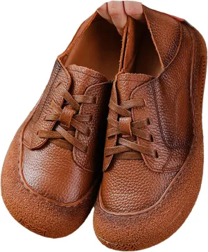 Women's Leather Arch Support Dress Sneakers,Vintage Comfort Round Toe Lace-up Non-Slip Soft Sole Flat Casual Shoes