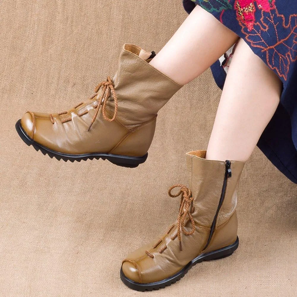 Women's Leather Casual Soft Flat Boots