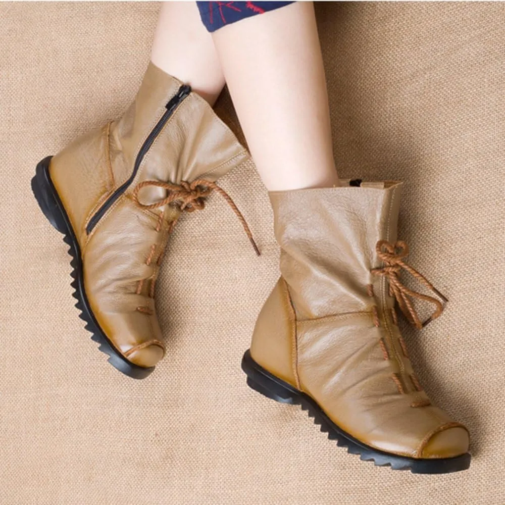 Women's Leather Casual Soft Flat Boots